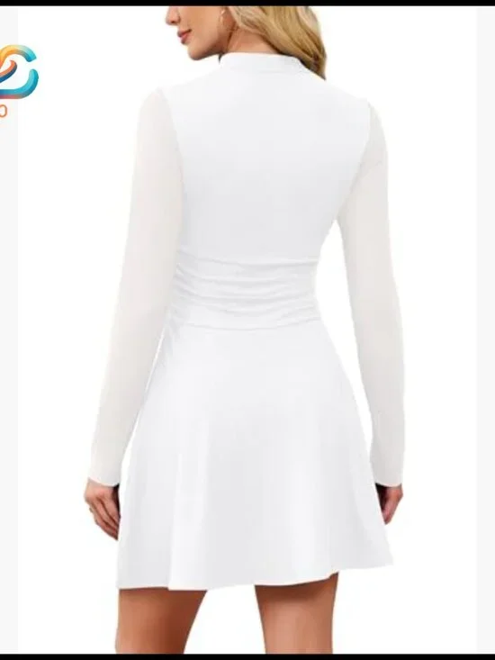 Long Sleeve Cocktail Dress Mock Neck Ruched Waist Mini Formal Party - Picture 5 of 7